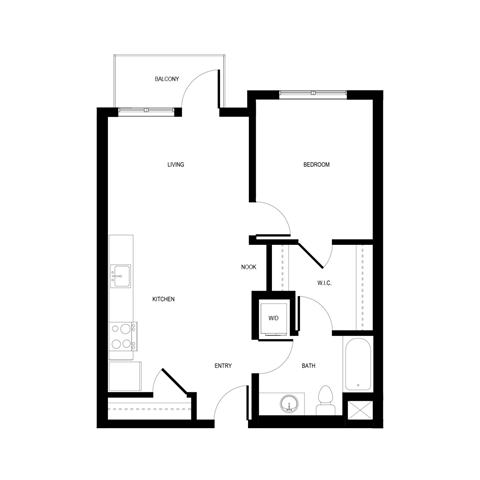 Floor plan for 1 bed, 1 bath, 683 sqft